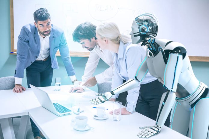 Business people working with robot