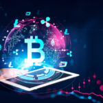 Man hand holding tablet. Screen and cryptocurrency hud hologram with bitcoin and graphs