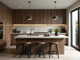 Modern designer kitchen interior in dark tones
