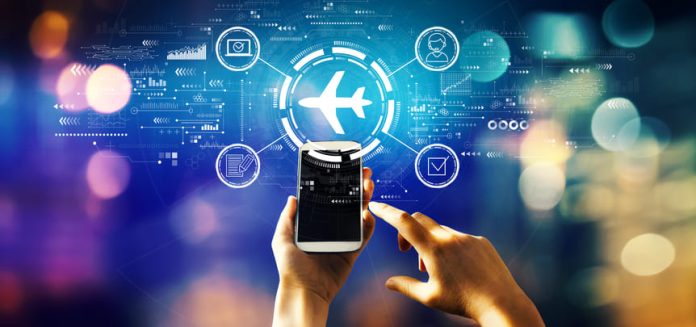 Flight ticket booking concept with person using a phone