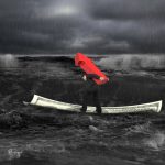 Businessman carrying red arrow up sign on money boat in dark stormy sea with waves coming. Growing business concept