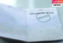 Student visa granted, seal stamped in passport, customs office, travelling